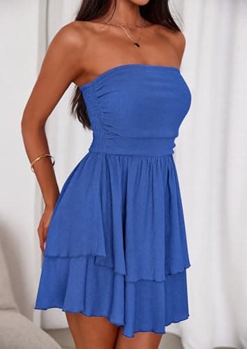 PRETTYGARDEN Women's 2025 Summer Strapless Tube Mini Dress Off Shoulder Smocked Ruffle A Line Flowy Short Party Club Dresses (Royal Blue,Small) - Image 4