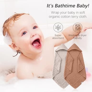 SWEET DOLPHIN Muslin Hooded Baby Bath Towels - 2 Pack 100% Cotton Towel for Babies, Infants, Toddlers - 32x32Inch - Highly Absorbent and Newborn Essential, Light Bean Paste - Image 3