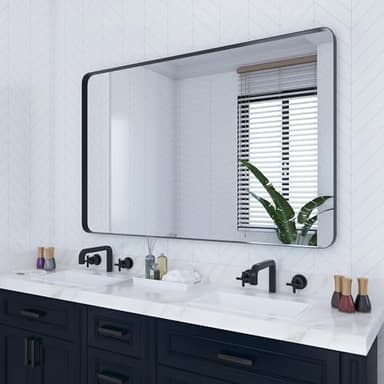 VocalStar Black Metal Framed Bathroom Mirror for Wall, 48 x 36 Inch Large Rounded Rectangle Matte Black Bathroom Vanity Mirror Farmhouse, 1/4-inch Shatterproof Glass | Ultra-Flush Hanging - Image 1