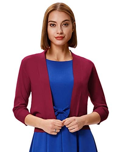 GRACE KARIN Women's 3/4 Sleeve Cropped Cardigans Sweater Open Front Shurgs Lightweight Knit Bolero (Burgundy,XL) - Image 2