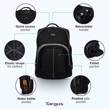 Targus 16 Inch Compact Rolling Backpack, Black - Wheeled Travel Bag with Removable Protective Laptop Sleeve, Fits Laptops Up to 16” and MacBook Pros up to 17” (TSB750US) - Image 3