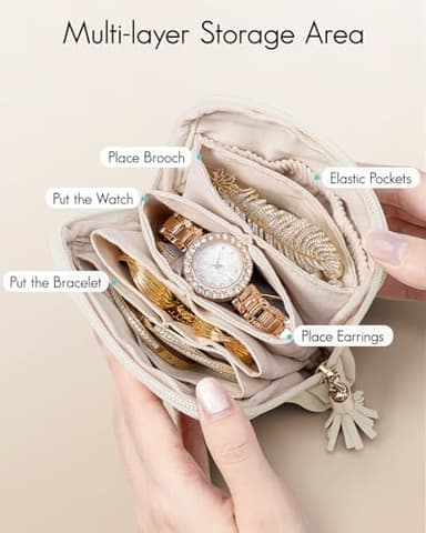 Vlando Small Travel Jewelry Case,Travel Gifts for Women,Jewelry Pouch Bags with Zipper,Velvet Jewelry Organizer Storage Bag for Bracelet Rings Earring-Cream White - Image 2