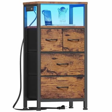 Furnulem Dresser for Bedroom, Tall Nightstand, Bedside Table with Charging Station, LED Light, Fabric Bins, Night Stand with Wood Shelf, Small Furniture for Entryway, 33 Inch (4 Drawer, Rustic Brown) - Image 1