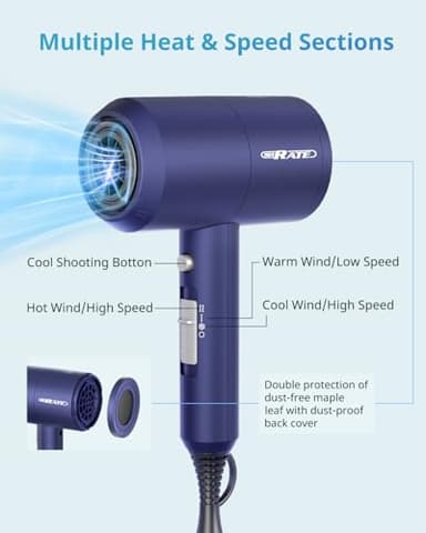 SHRATE Lightweight Ionic Hair Dryer with Diffuser - Powerful 1800W Blow Dryer for Fast Drying - Professional Low Noise Mini Hair Dryer for Travel, Gifts, Hair Styling - Image 7
