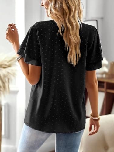 Falechay Womens Tops Summer Blouses for Women 2025 Swiss Dot Butterfly Sleeve Short Sleeves Boho Shirts Black XL - Image 3