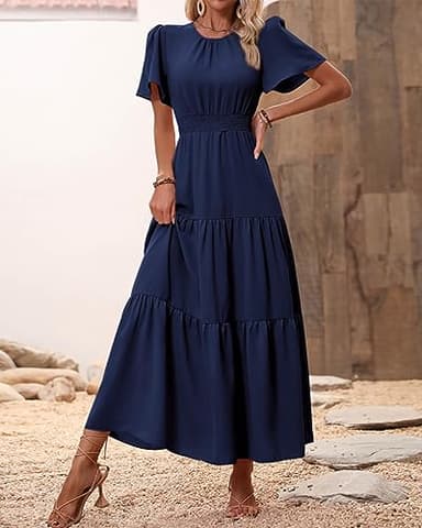 PRETTYGARDEN Women's Summer Casual Short Flutter Sleeve Round Neck Smocked Waist Tiered Boho Floral Flowy Maxi Dress(Solid Navy,Medium) - Image 7