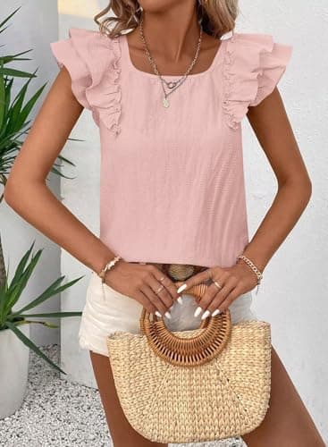Falechay Womens Summer Tops Cute Crewneck Ruffle Sleeve Clothes Going Out Puffed Short Sleeves Casual Babydoll Teen Wrinkles Loose Fit Shirts 2025 Women Fashion Trendy Top Flowy Bow Tie Tunic Pink L - Image 6
