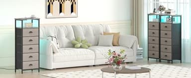 sthmec Nightstand with Charging Station,LED Grey Nightstand with 5 Fabric Drawers, Bedside End Tables, 2-Tier Open Storage Shelf Side Table Nightstand with Drawers for Bedroom, Grey - Image 8