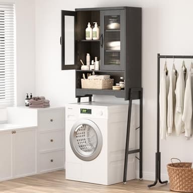 Over The Toilet Storage Cabinet with Tempered Glass Doors & Adjustable Shelf, Bathroom Organizer with Metal Stand Space Saver Over Toilet , Tall Freestanding Shelf/Rack for Bathroom, Black - Image 6