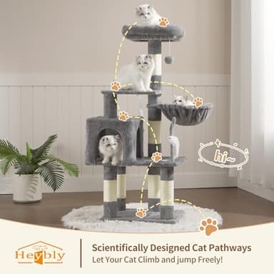 Heybly Cat Tree with Toy, Cat Tower Condo for Indoor Cats, Cat House with Padded Plush Perch, Cozy Hammock and Sisal Scratching Posts, Light Gray HCT004SW - Image 7
