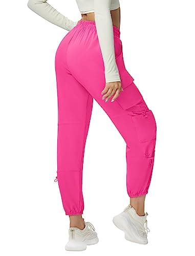 DLOODA Quick Dry Cargo Pants Lightweight Tactical Hiking Pants with 6 Pockets for Women, Elastic Waist and Water-Resistant Hot Pink - Image 3