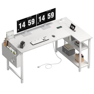 Lufeiya White L Shaped Computer Desk with Power Outlet Shelves, 47 Inch Corner Desk for Home Office Bedroom, L-Shaped Study Writing Working PC Desks, White - Image 1