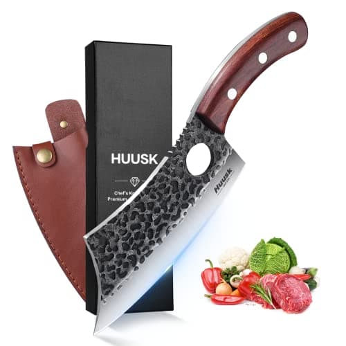 Huusk Meat Cleaver Knife, Hand Forged Butcher Knife for Meat Cutting, Full Tang Viking Knife with Sheath, Japanese Chef Knives for Kitchen, Outdoor Cooking, Camping, BBQ, Gift for Man and Women - Image 1
