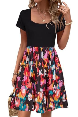 Newshows Womens 2025 Summer Dress Short/Long Sleeve Fall Dresses Business Casual Outfits A-Line Ruffle Sundress with Pockets (Black Floral Pink,L) - Image 1