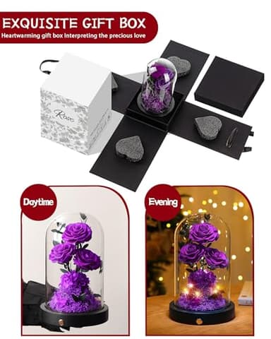 Agrul Flowers Roses Gifts for Mom,Forever Real Preserved Roses in Glass Dome,Mothers Day for Wife Girlfriend Women Best Friend Grandma/Purple Rose - Image 5