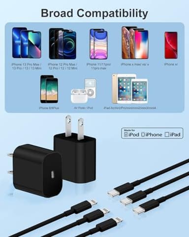 Susnwere iPhone 14 13 12 Charger Fast Charging, 2 Pack 20W Fast PD USB C Wall Charger Adapter with 3Pack 6Ft USB C to Lightning Cable (MFi Certified) for 14/14 Plus/14 Pro/14 Pro Max/13/ Black - Image 6