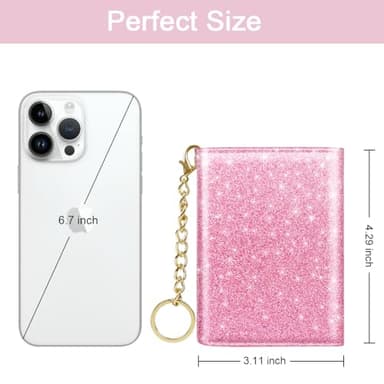 Trifold Small RFID Blocking Wallet Pocket Cute Short Slim Sparkling Credit Card Holder Leather Keychain Ladies Mini Purse with ID Window, Glitter Peach - Image 3