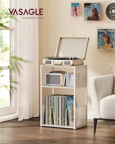 VASAGLE Record Player Stand, 3-Tier Side Table, Vinyl Record Storage up to 100 Albums, End Table for Living Room, Bedroom, Rustic White ULET275W01 - Image 2