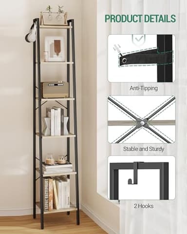 Hzuaneri Ladder Shelf, Bookshelf Bookcase, Freestanding Corner Storage Shelve with 2 Hooks for Home Office, Living Room, Kitchen, Bedroom, Industrial, 6-Tier Greige BC13305B - Image 4