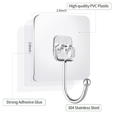 IBERDE 20 Pack Large Clear Adhesive Hooks for Hanging, Stick On Wall Mount Hooks Stainless Steel Metal Hook for Bathroom, Shower, Kitchen, Door,Drill Free No Damage Utility Hooks - Image 3