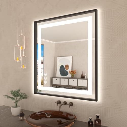 Amorho 36" X32" LED Bathroom Mirror with Black Frame, Front Light and Backlit, Stepless Dimmable, Anti-Fog, Shatter-Proof, Memory, 3 Colors, Double LED Vanity Mirror - Image 1