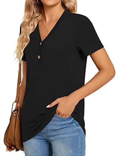 BISHUIGE Womens Henley Tunic Tops Button Up Tshirts Short Sleeve Vneck Casual Blouses, XXL, Black - Image 3