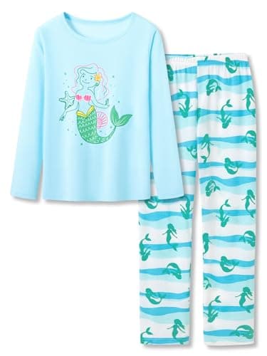 Beezizac Cotton Sleepover Pajama Set for Little & Big Girls Blue Mermaid Long Sleeve Set 2-Piece PJ Size 8 - Image 1