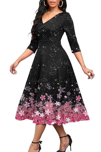 Nmoder Women's Casual Wrap Flared Midi Dress Wedding Guest Cocktail Tea Dresses A-Line Swing V-Neck 3/4 Sleeve Sakura Black XL - Image 1