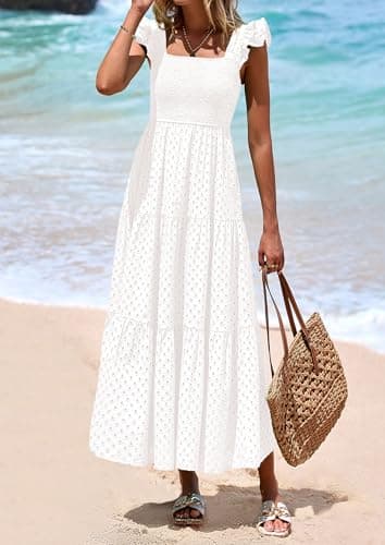 PRETTYGARDEN Womens Summer Square Neck Maxi Dresses Cap Sleeve Eyelet Smocked Tiered A Line Flowy Long Dress with Pockets (White,Medium) - Image 6