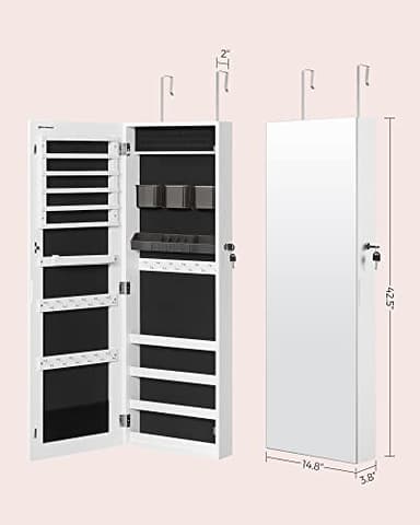 SONGMICS Jewelry Cabinet Armoire, Lockable Wall-Mounted Organizer Unit with 2 Plastic Cosmetic Storage Trays, Full-Length Frameless Mirror, White UJJC001W01 - Image 6