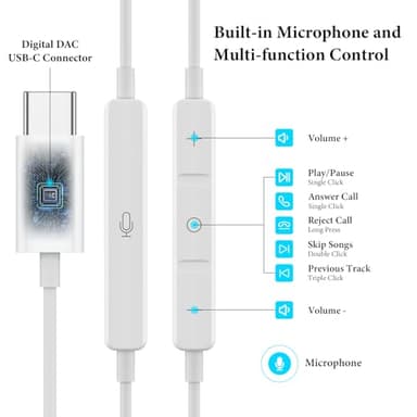 USB C Headphones for iPad Pro iPhone Air 17 16 15 Pro Max HiFi Stereo USB-C Wired Earbuds Microphone Volume Control Type C Earphone for Samsung S24 S23 Ultra S22 S21 Note20 Pixel 9 8 7 6 6a 5 OnePlus9 - Image 3