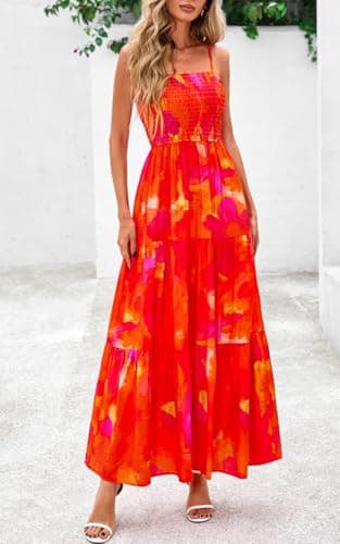 PRETTYGARDEN Summer Dresses for Women 2025 Spaghetti Strap Floral Maxi Dress Sleeveless Smocked Tiered Long Beach Sundress (Orange Red Flower,XXL) - Image 8