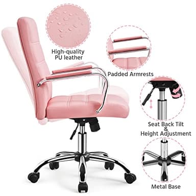 Yaheetech Mid-Back Office Chair with Arms Swivel PU Leather Height Adjustable Office Executive Chair, Pink - Image 5