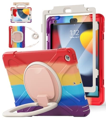 BATYUE for iPad 9th/ 8th/ 7th Generation Case (iPad 10.2 inch Rugged Case 2021/2020/2019) with Screen Protector, Rotating Stand/Pencil Holder/Carrying Shoulder Strap (Colourful Red) - Image 1