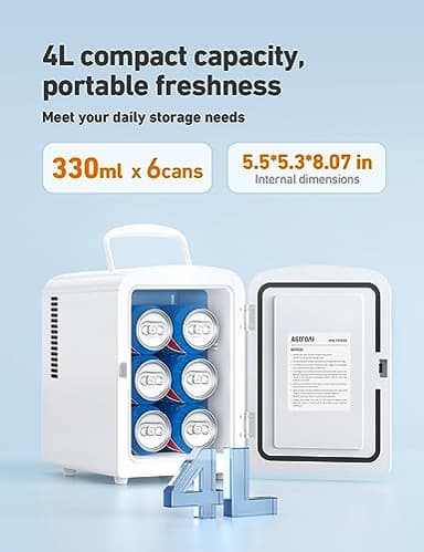 AstroAI Mini Fridge, 4 Liter/6 Can AC/DC Portable Thermoelectric Cooler Refrigerators for Skincare, Beverage, Home, Office and Car, ETL Listed (White) - Image 6