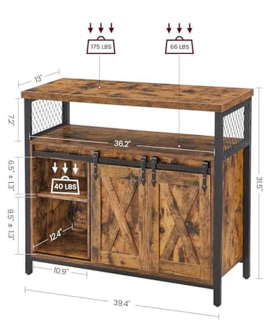 VASAGLE Buffet Cabinet, Coffee Bar Storage Cabinet, Sideboard with 2 Sliding Barn Doors, Adjustable Shelves, 13 x 39.4 x 31.5 Inches, for Living Room, Rustic Brown and Ink Black ULSC092B01 - Image 3