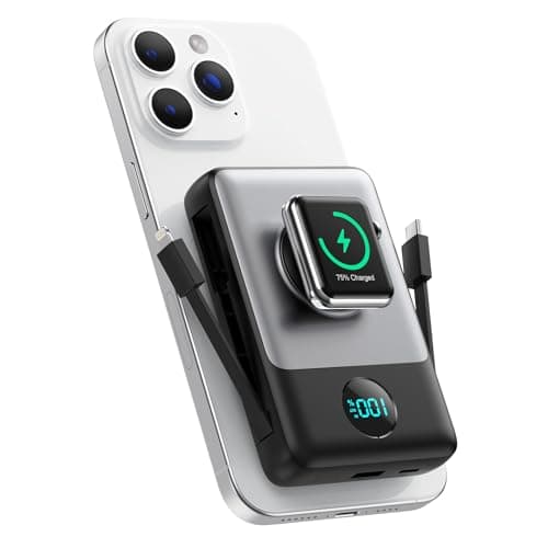 Magnetic Portable Charger 10800mAh for iPhone with Built-in Cables, 6-in-1 Wireless Power Bank with iWatch Charger, LCD Display 25W PD Fast Charging Battery Pack for iPhone 16/15/14/13/12, Apple Watch - Image 1