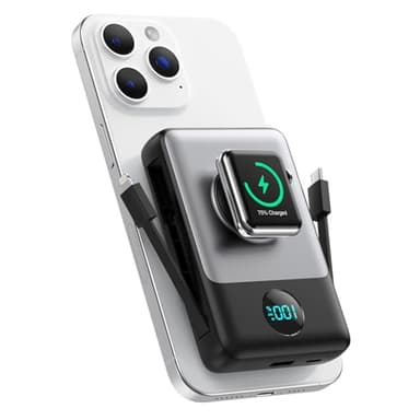 Magnetic Portable Charger 10800mAh for iPhone with Built-in Cables, 6-in-1 Wireless Power Bank with iWatch Charger, LCD Display 25W PD Fast Charging Battery Pack for iPhone 16/15/14/13/12, Apple Watch - Image 1