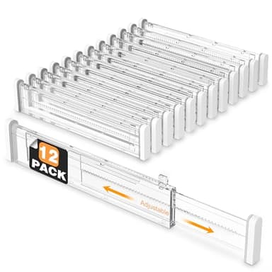 HiYZ Expandable Drawer Dividers - 12.6-22.8'' Adjustable Drawers Organizers for Kitchen Utensils, Drawer Separators in Bedroom, Dresser, Office, Bathroom, Fridge, 12 Pack Long Dividers-Clear - Image 1