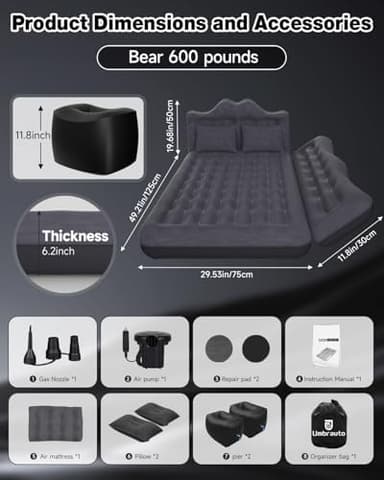 Umbrauto Inflatable Car Mattress Bed: SUV Camping Air Bed for Truck Backseat with Pump & Pillows, Car Sleeping Airbed for Van Back Seat - Image 3