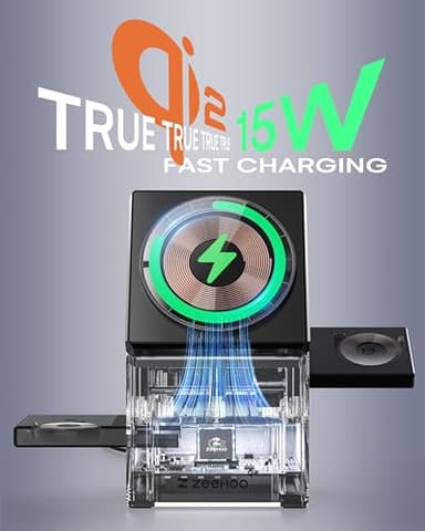 ZEEHOO iPhone Charging Station, 3 in 1 Charging Station for Apple MagSafe Charger, Qi2 Certified, 15W Fast Wireless Charger, for Apple Watch, for iPhone 17 16 15,14,13,12 Series, AirPods (Black) - Image 2