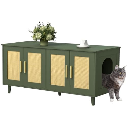 Homhedy Boho Cat Litter Box Enclosure for 2 Cats, Wooden Cat Washroom Furniture with Double Rattan Decorated Doors, Pet House,47.2”L x 19.7”W x 21.7”H, Green - Image 1