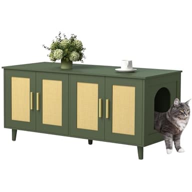 Homhedy Boho Cat Litter Box Enclosure for 2 Cats, Wooden Cat Washroom Furniture with Double Rattan Decorated Doors, Pet House,47.2”L x 19.7”W x 21.7”H, Green - Image 1