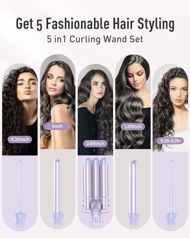 Waver Curling Iron Wand - BESTOPE PRO 5 in 1 Curling Wand Set with 3 Barrel Hair Crimper for Women, Fast Heating Crimper Wand Curler in All Hair Type, Women Gifts - Purple - Image 2