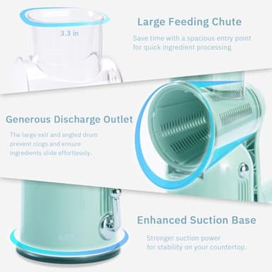 ENERGEVITY Manual Rotary Cheese Grater with Handle, 5 in 1 Replaceable Stainless Blades Cheese Shredder,Strong Suction Base Vegetable Slicer with Cleaning Brush & Bonus Storage Box for Blades (green) - Image 3