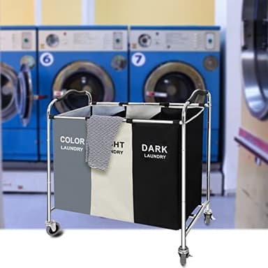 3 Section Laundry Basket Sorter,240L Laundry Blanket Cart with Wheels, 16 X 30 X 35 inch Large Laundry Hamper Bag Bin for Dirty Clothes, in Laundry Room,Bathroom, Closet Organizers & Storage- WHITE - Image 3