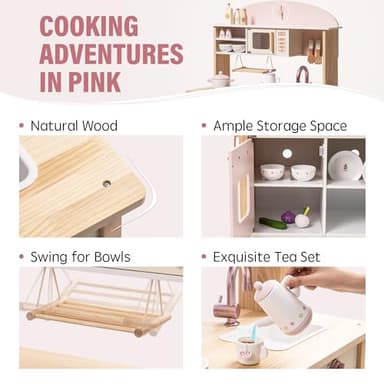 ROBUD Play Kitchen for Kids Toddlers, Wooden Play Kitchen with Realistic Accessories, Toy Kitchen Set with Plenty of Play Features, Modern Style Toy Kitchen for Girls & Boys, Gift for Ages 3+, Pink - Image 3