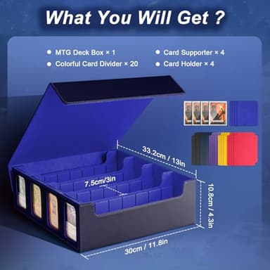 TiMOVO MTG Deck Box for 3000+ Trading Cards, Trading Card Storage Box with 20 Colorful Dividers & 4 Card Supporters, 4 Rows Commander Deck Boxes for Magic Game, YuGiOh, TCG, Sport Cards, Black Blue - Image 7