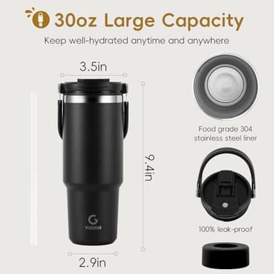 VUSIGN 30 oz Tumbler with Handle and Flip Straw, Stainless Steel Vacuum Insulated Water Bottle Travel Mug Thermal Cup for Home, Office, Car, Outdoors, Sports, Black - Image 7