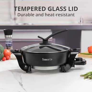 Samoris Electric Skillet with lid 3 Quart 10 Inch Round Cooker with Nonstick Coating,Electric Hot Pots and Frying Pan,Adjustable Temperature, Tempered Glass Lid with Vent, 1200W,Black - Image 2